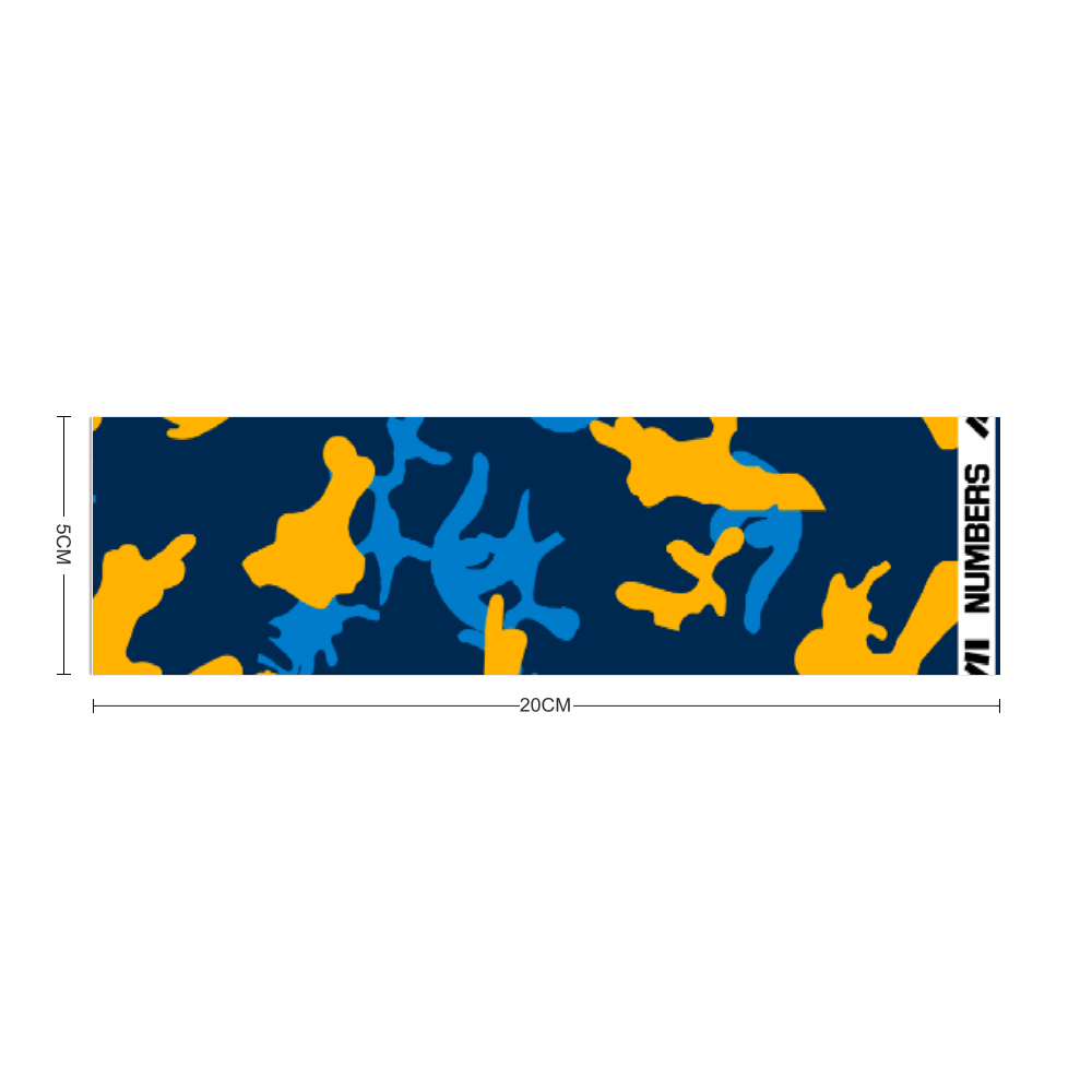 Athletic sports sweatband headband for youth and adult football, basketball, baseball, and softball printed with camo blue, light blue, yellow