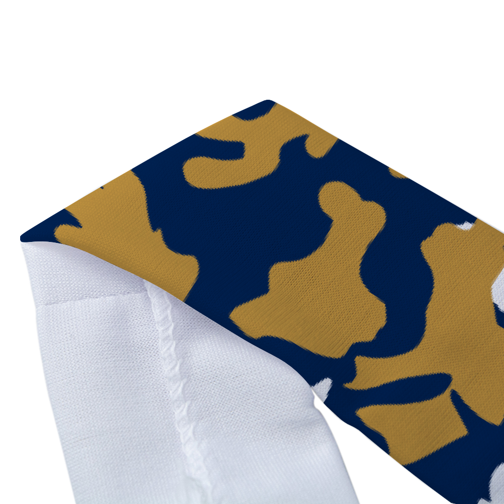 Athletic sports sweatband headband for youth and adult football, basketball, baseball, and softball printed in camo navy blue, gold, white colors