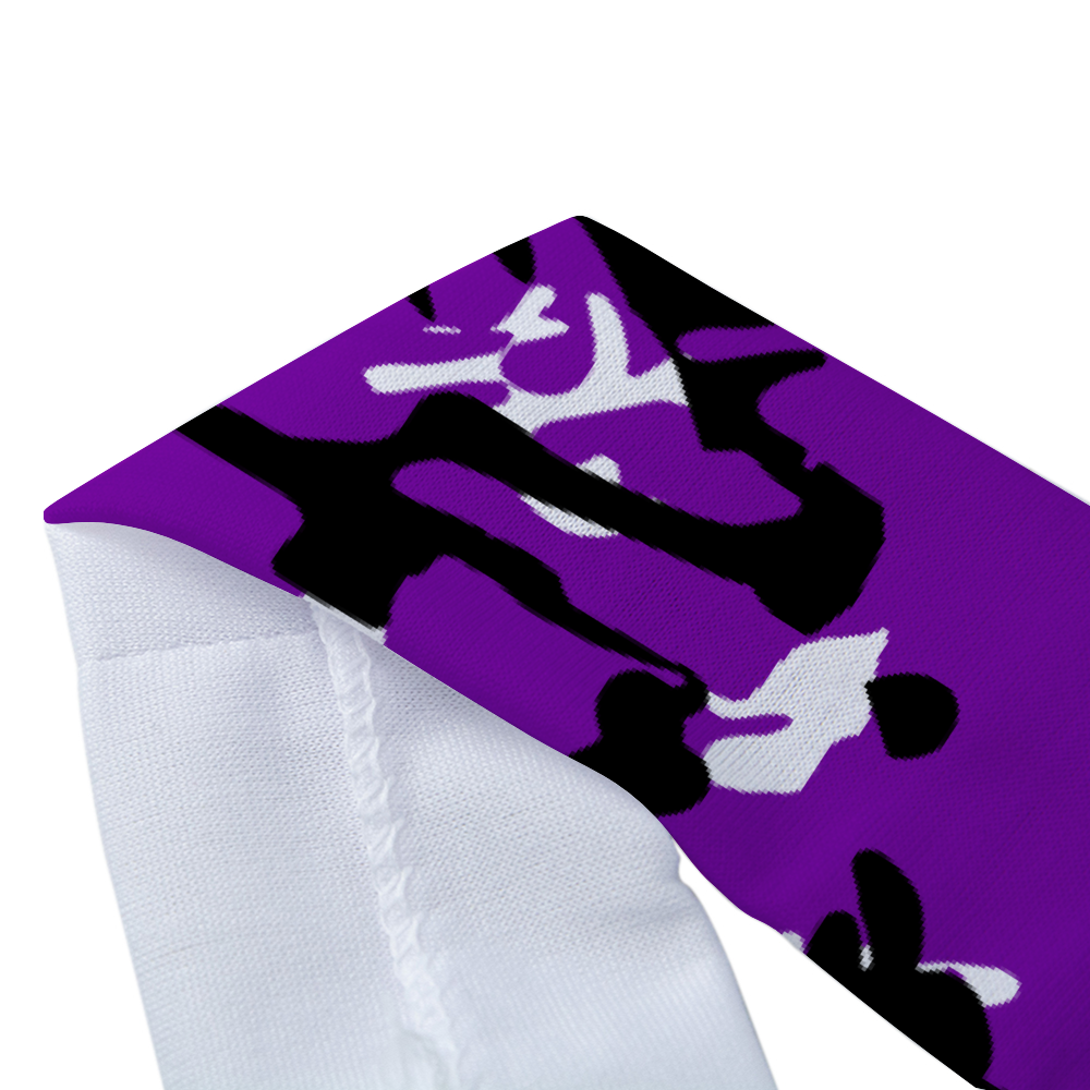 Athletic sports sweatband headband for youth and adult football, basketball, baseball, and softball printed with camo purple, black, and white 
