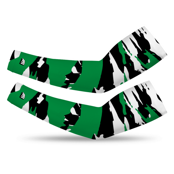 Athletic sports compression arm sleeve for youth and adult football, basketball, baseball, and softball printed with kelly green, white, and black Boston Celtics