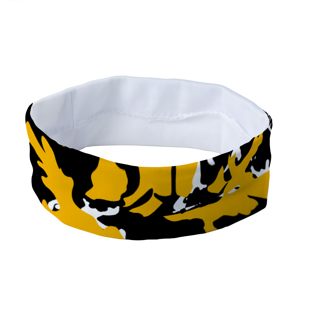 Athletic sports sweatband headband for youth and adult football, basketball, baseball, and softball printed with camo black, yellow, white