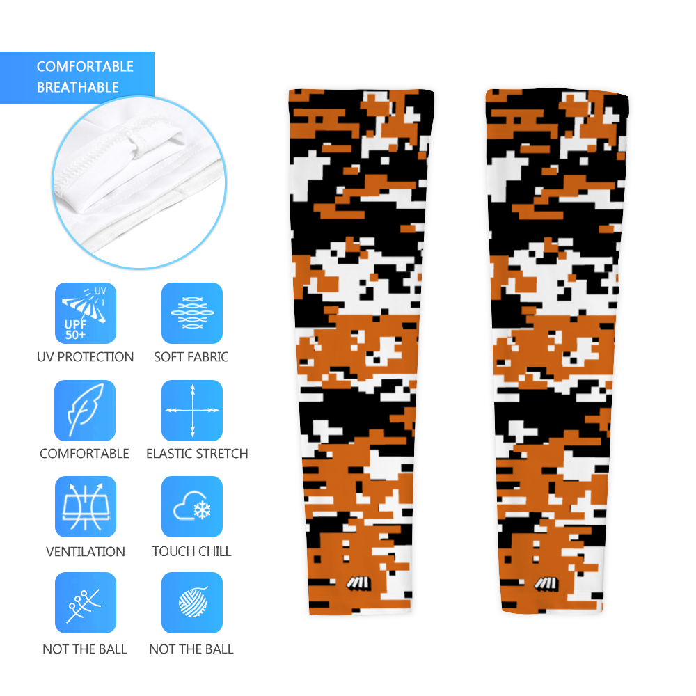 Athletic sports compression arm sleeve for youth and adult football, basketball, baseball, and softball printed with digicamo burnt orange, black, white Texas Longhorns colors