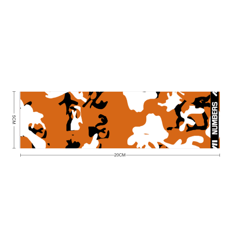 Athletic sports sweatband headband for youth and adult football, basketball, baseball, and softball printed in camo burned orange, black, white colors