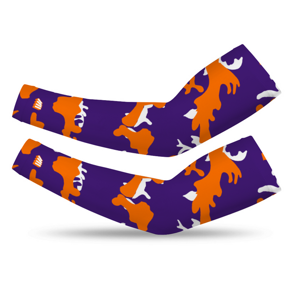 Athletic sports compression arm sleeve for youth and adult football, basketball, baseball, and softball printed with camouflage orange, purple, white