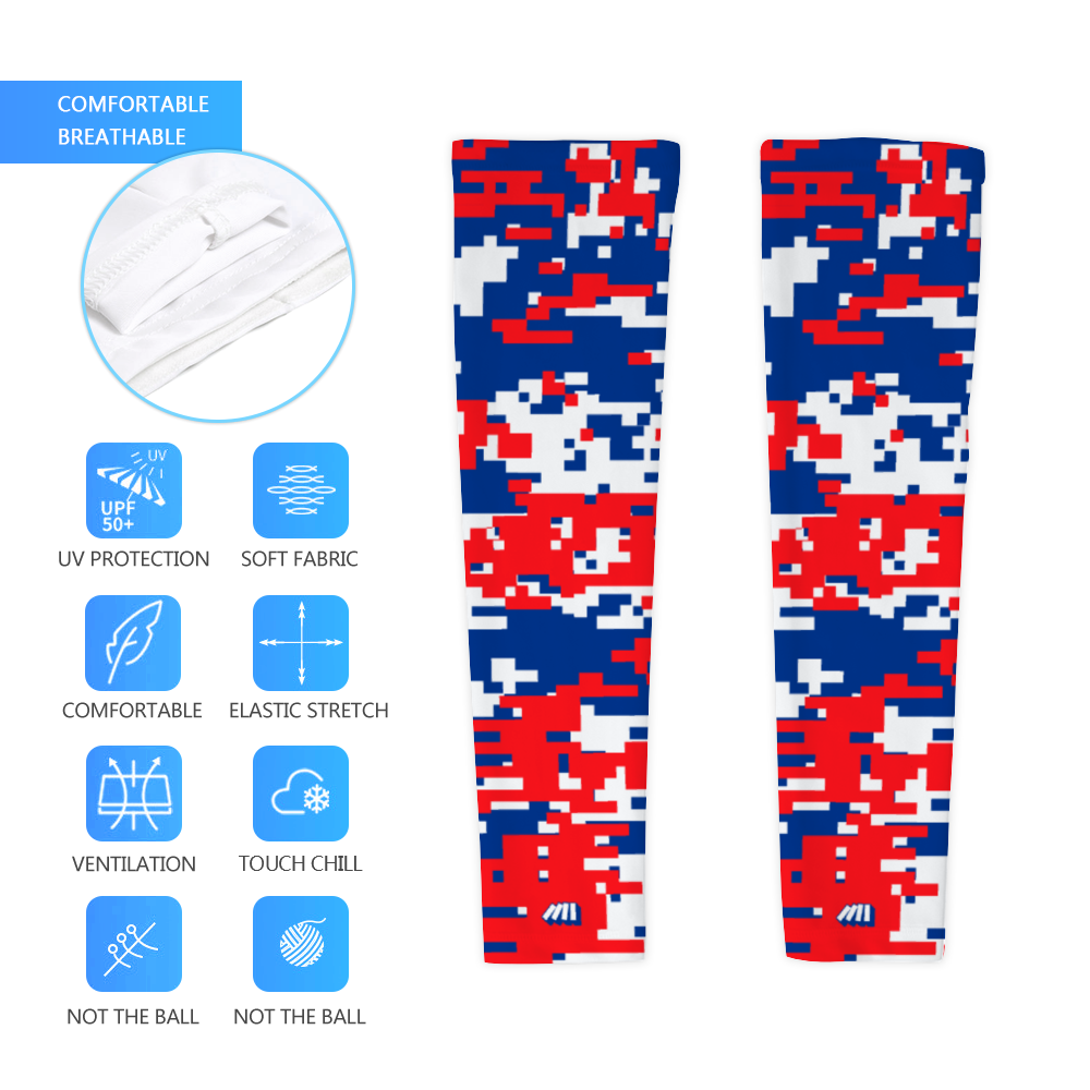 Athletic sports compression arm sleeve for youth and adult football, basketball, baseball, and softball printed with digicamo blue, red, white Philadelphia 76ers colors