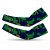 Athletic sports compression arm sleeve for youth and adult football, basketball, baseball, and softball printed with camo green, navy blue, gold