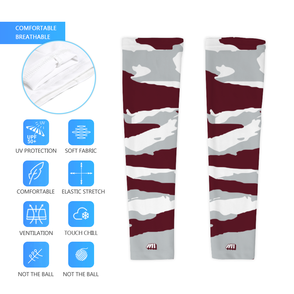 Athletic sports compression arm sleeve for youth and adult football, basketball, baseball, and softball printed with maroon, gray, and white colors. 