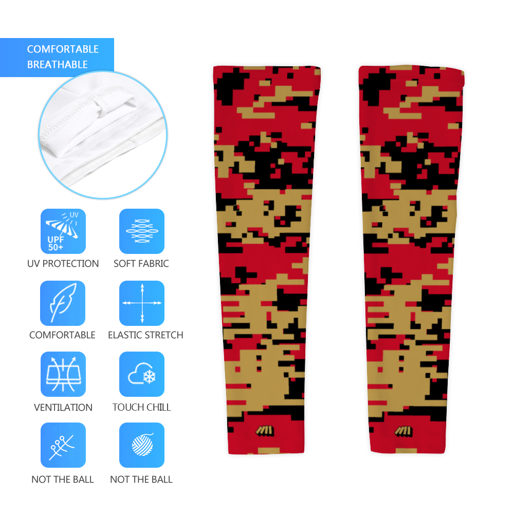 Athletic sports compression arm sleeve for youth and adult football, basketball, baseball, and softball printed with digicamo red, black, white San Francisco 49'ers colors