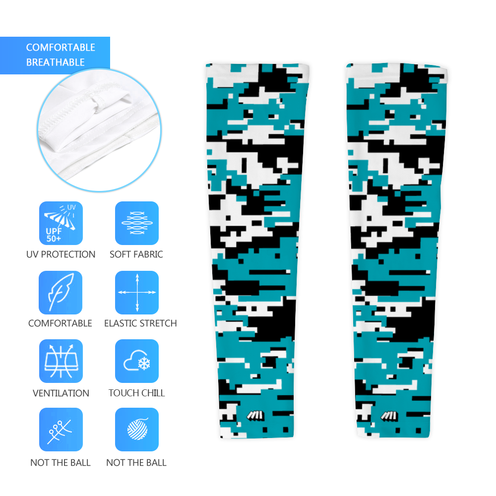 Athletic sports compression arm sleeve for youth and adult football, basketball, baseball, and softball printed with San Jose Sharks digicamo turquoise, black, white