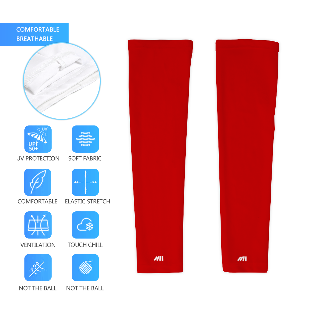 Athletic sports compression arm sleeve for youth and adult football, basketball, baseball, and softball printed in the color red