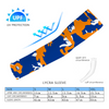 Athletic sports compression arm sleeve for youth and adult football, basketball, baseball, and softball printed with camouflage orange, blue, white