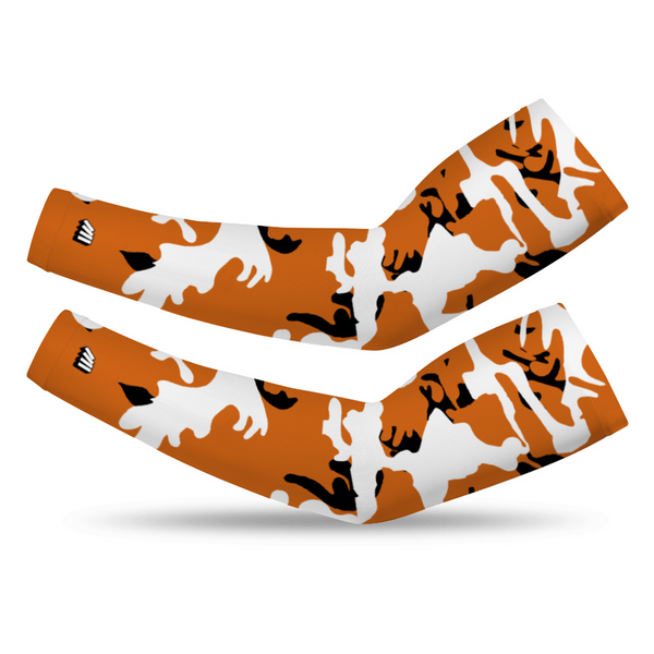 Athletic sports compression arm sleeve for youth and adult football, basketball, baseball, and softball printed with camouflage burnt orange, black, white