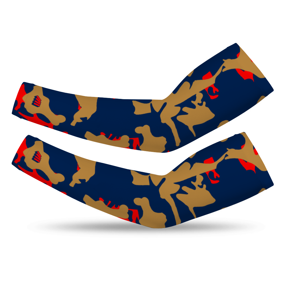 Athletic sports compression arm sleeve for youth and adult football, basketball, baseball, and softball printed with camo navy blue, red, and gold