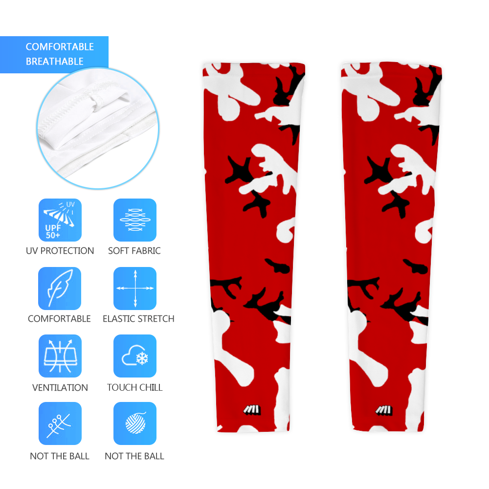 Athletic sports compression arm sleeve for youth and adult football, basketball, baseball, and softball printed with camo red, black, white