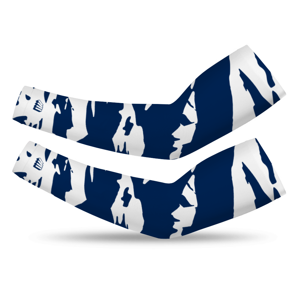 Athletic sports compression arm sleeve for youth and adult football, basketball, baseball, and softball printed with predator navy blue, and white BYU Cougars Butler Bulldogs New York Yankees