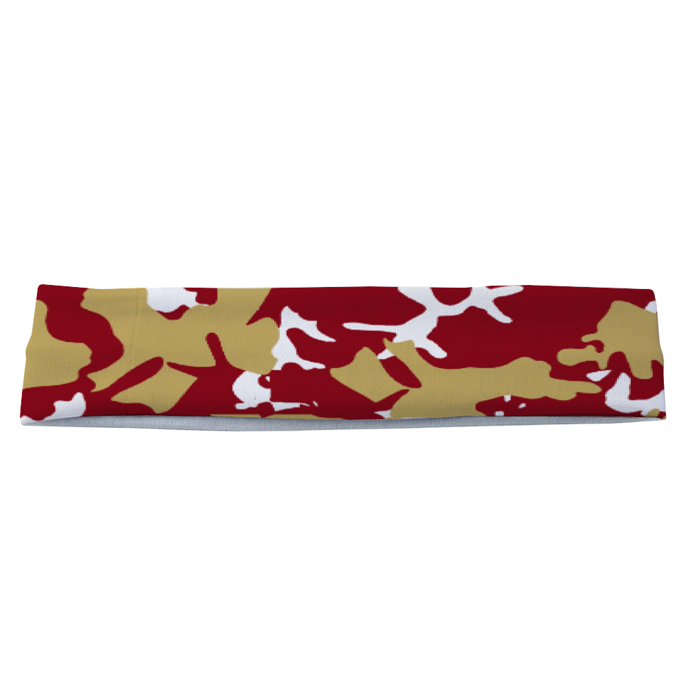 Athletic sports sweatband headband for youth and adult football, basketball, baseball, and softball printed with camo maroon, gold, and white