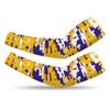 Athletic sports compression arm sleeve for youth and adult football, basketball, baseball, and softball printed with digicamo purple, yellow, white LSU Tigers colors