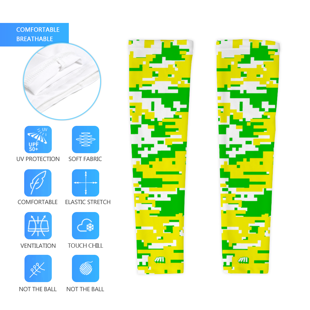 Athletic sports compression arm sleeve for youth and adult football, basketball, baseball, and softball printed with digicamo Oregon Ducks colors in fluorescent, yellow, green, white