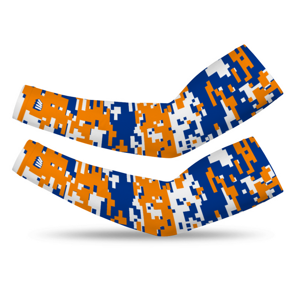 Athletic sports compression arm sleeve for youth and adult football, basketball, baseball, and softball printed with digicamo blue, orange, white New York Mets colors