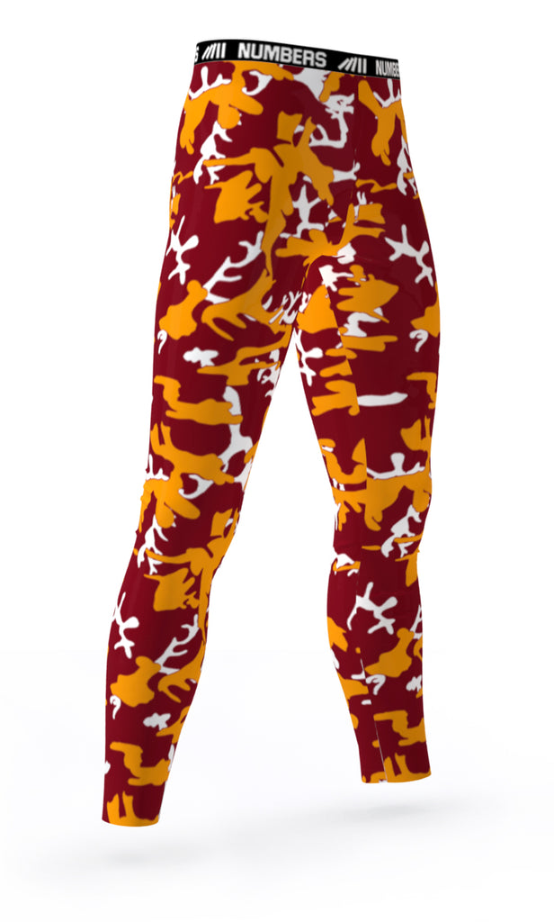Front view- Custom athletic team compression tights with WASHINGTON REDSKINS team colors- maroon, white, yellow